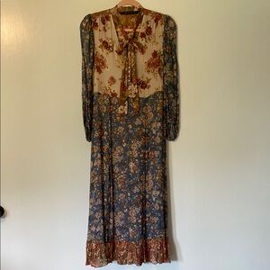 Zara Long Sleeve Floral Tie-Neck Maxi Dress in Blue, Cream, Rust